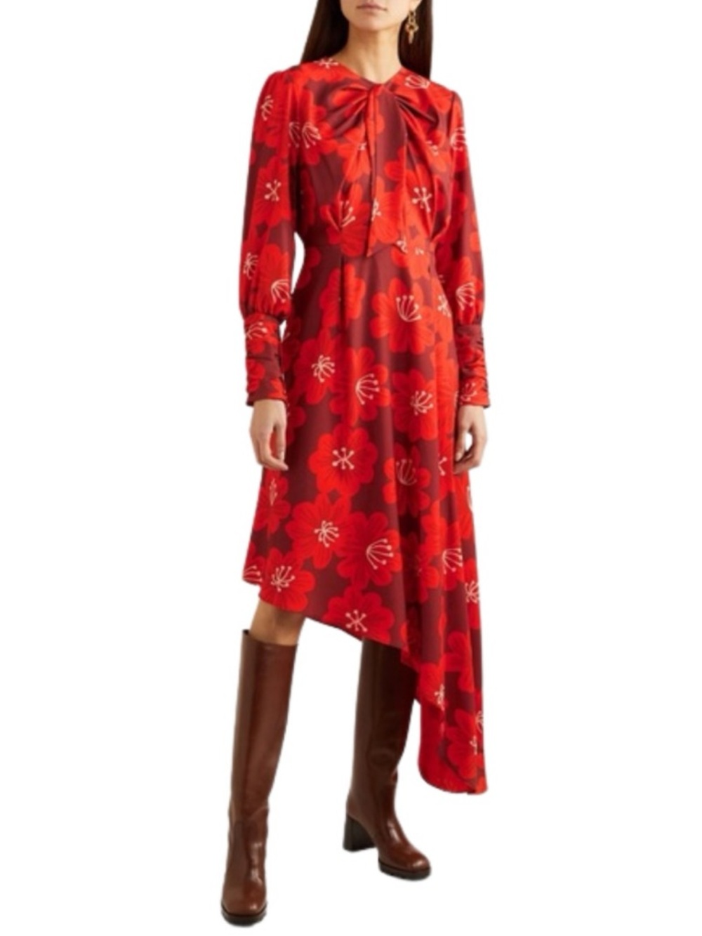 Dodo Bar Or Melody Asymmetrical Hem Size 42 Red Floral Print Long Sleeve